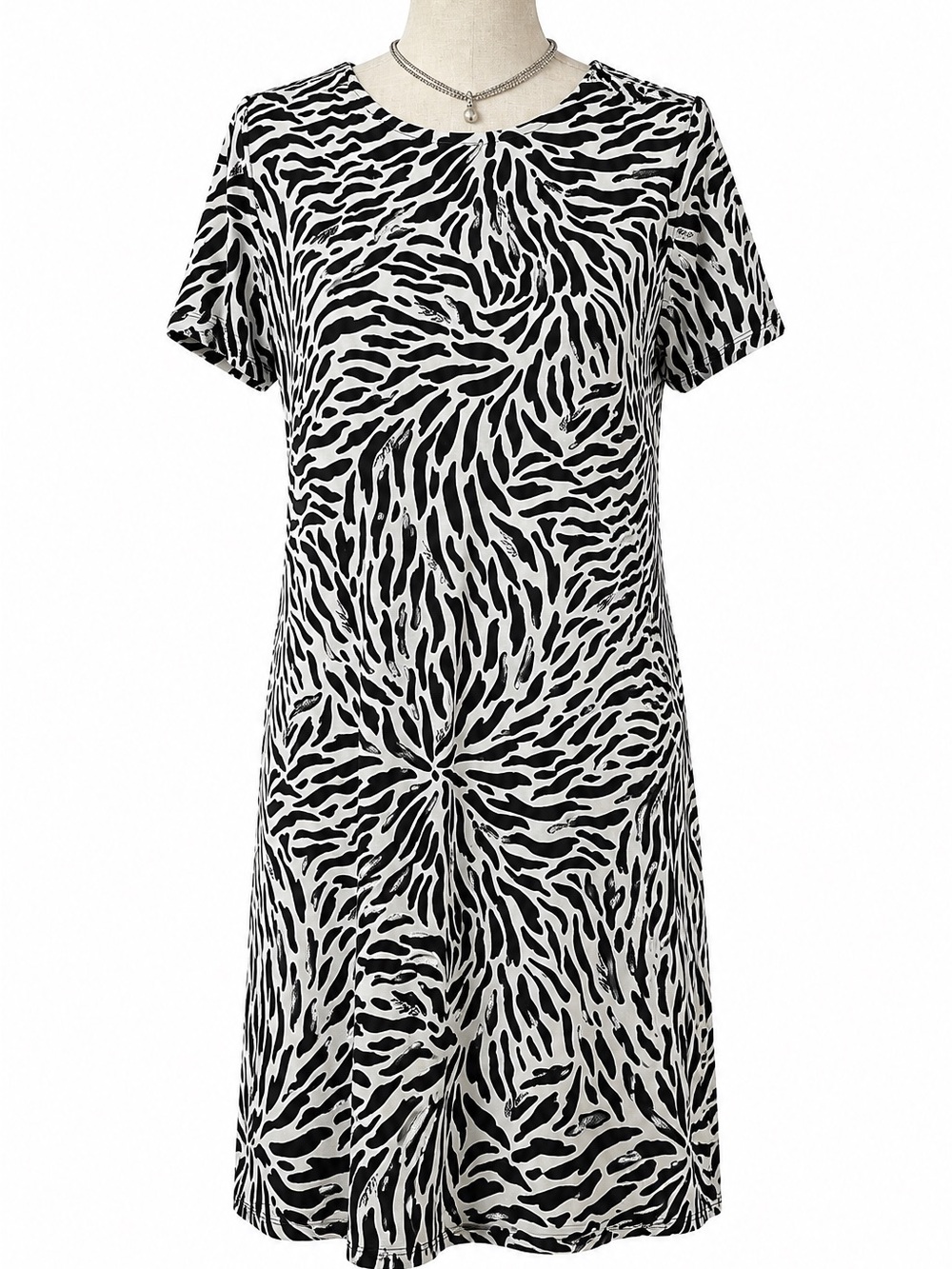 🫶 Michael Kors Zebra Animal Print Shift Dress Black White Stretch Knit Medium